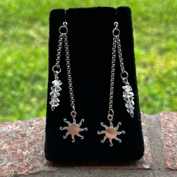 Herkimer diamonds crystal sun charm earrings stainless steel post & chains boho - Picture 6 of 7